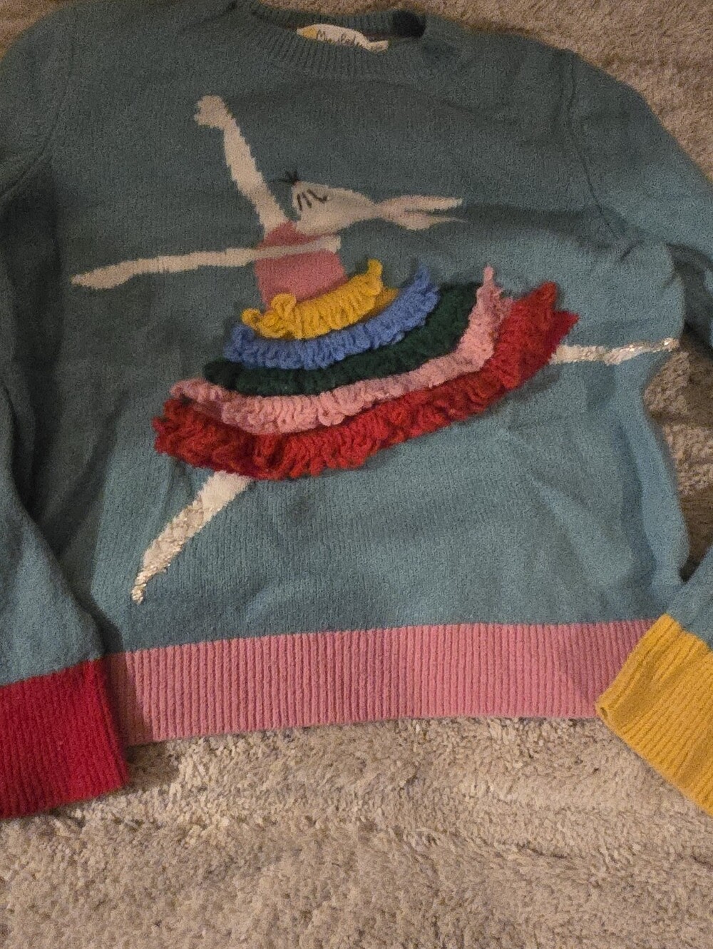 Mini Boden Teal Sweater with Multicolor Ruffle Ballerina